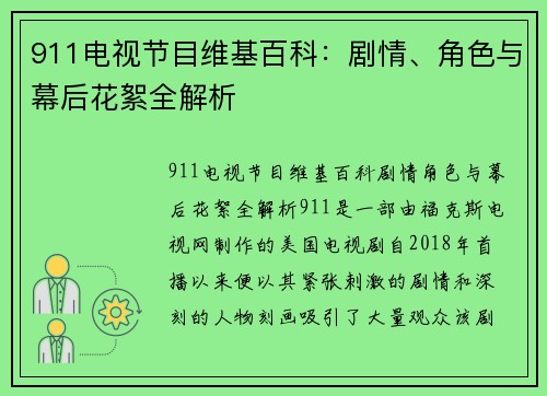 911电视节目维基百科：剧情、角色与幕后花絮全解析